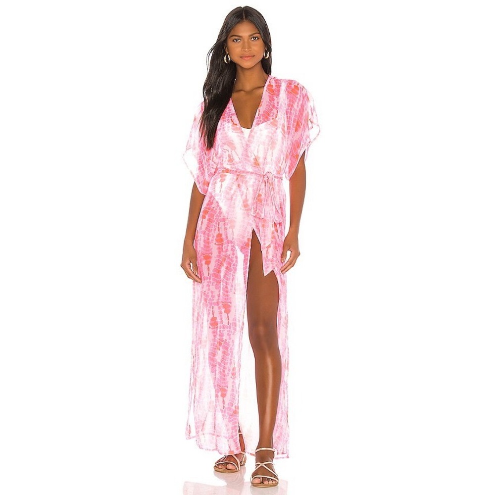 Lovers + Friends Pink Tie Dye Maxi Swim Cover Up Kimono Wrap Robe XXS